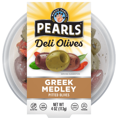 Pearls Deli Olives Greek Medley Pitted Olives 4oz Tub. Major Allergens Not Contained