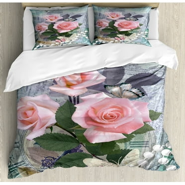 Pearls Duvet Cover Set, Classic Rose and Pearls Romantic Dramatic Love Together Grace Bouquet Art, Decorative 3 Piece Bedding Set with 2 Pillow Shams, Calking Size, Pink Grey, by Ambesonne