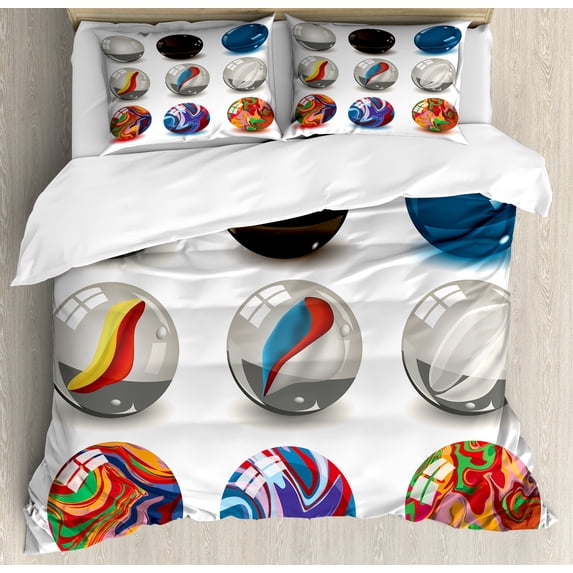 Pearls Duvet Cover Set, Composition of Different Marbles with Glass and Porcelain Materials Like Bubbles Art, Decorative 3 Piece Bedding Set with 2 Pillow Shams, Calking Size, Multi, by Ambesonne