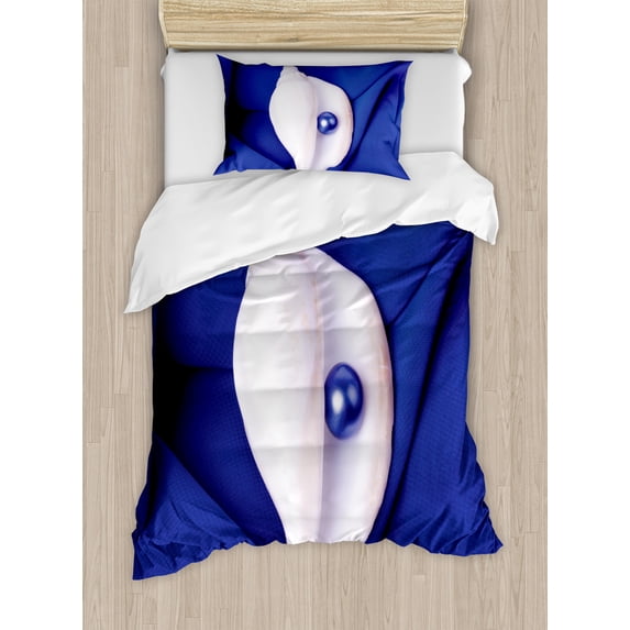 Pearls Duvet Cover Set, Exotic Shell Pearl Composition Undersea Treasure Discovery Leisure Picture Print, Decorative 2 Piece Bedding Set with 1 Pillow Shams, Twin Size, Blue White, by Ambesonne