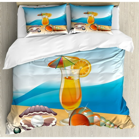 Pearls Duvet Cover Set, Seashells and Glass of Juice Seascape Summer Beach Cartoon Art Print, Decorative 3 Piece Bedding Set with 2 Pillow Shams, Queen Size, Blue Orange Purple, by Ambesonne