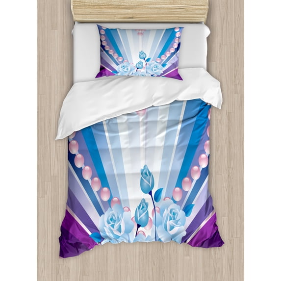 Pearls Duvet Cover Set, Valentine's Day Theme Art Roses Heart on Striped Bridal Backdrop, Decorative 2 Piece Bedding Set with 1 Pillow Shams, Twin Size, Blue Purple Pink, by Ambesonne