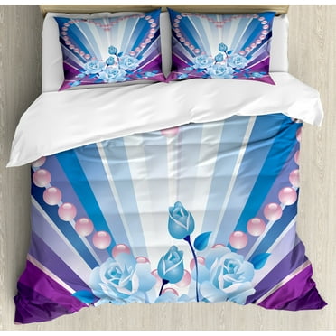 Pearls Duvet Cover Set, Valentine's Day Theme Art Roses Heart on Striped Bridal Backdrop, Decorative 3 Piece Bedding Set with 2 Pillow Shams, Calking Size, Blue Purple Pink, by Ambesonne