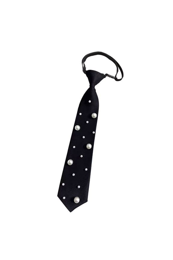 Pearls Embellished Necktie For Womens Wardrobe Polyester Fabric Pre Tied Black Neck Tie Wedding Office Daily Outfits