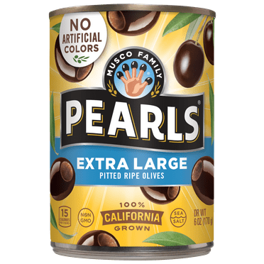 Pearls Extra Large Pitted California Ripe Olives 6 oz. Can. Major Allergens Not Contained. Gluten Free. Nothing Artificial.