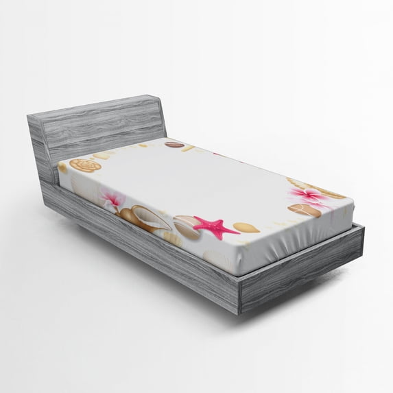 Pearls Fitted Sheet, Frame with Seashells Starfish Stones Frangipani Exotic Flower Pattern Print Art, Soft Decorative Fabric Bedding, Twin XL Size, Beige Fuchsia, by Ambesonne