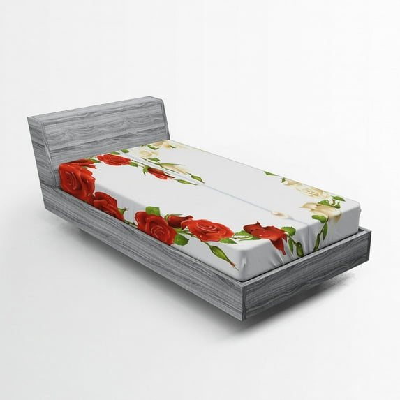 Pearls Fitted Sheet, Roses in the Shape of Heart Bouquet Romance Celebration Themed Artwork Print, Soft Decorative Fabric Bedding, Twin XL Size, Red White Green, by Ambesonne