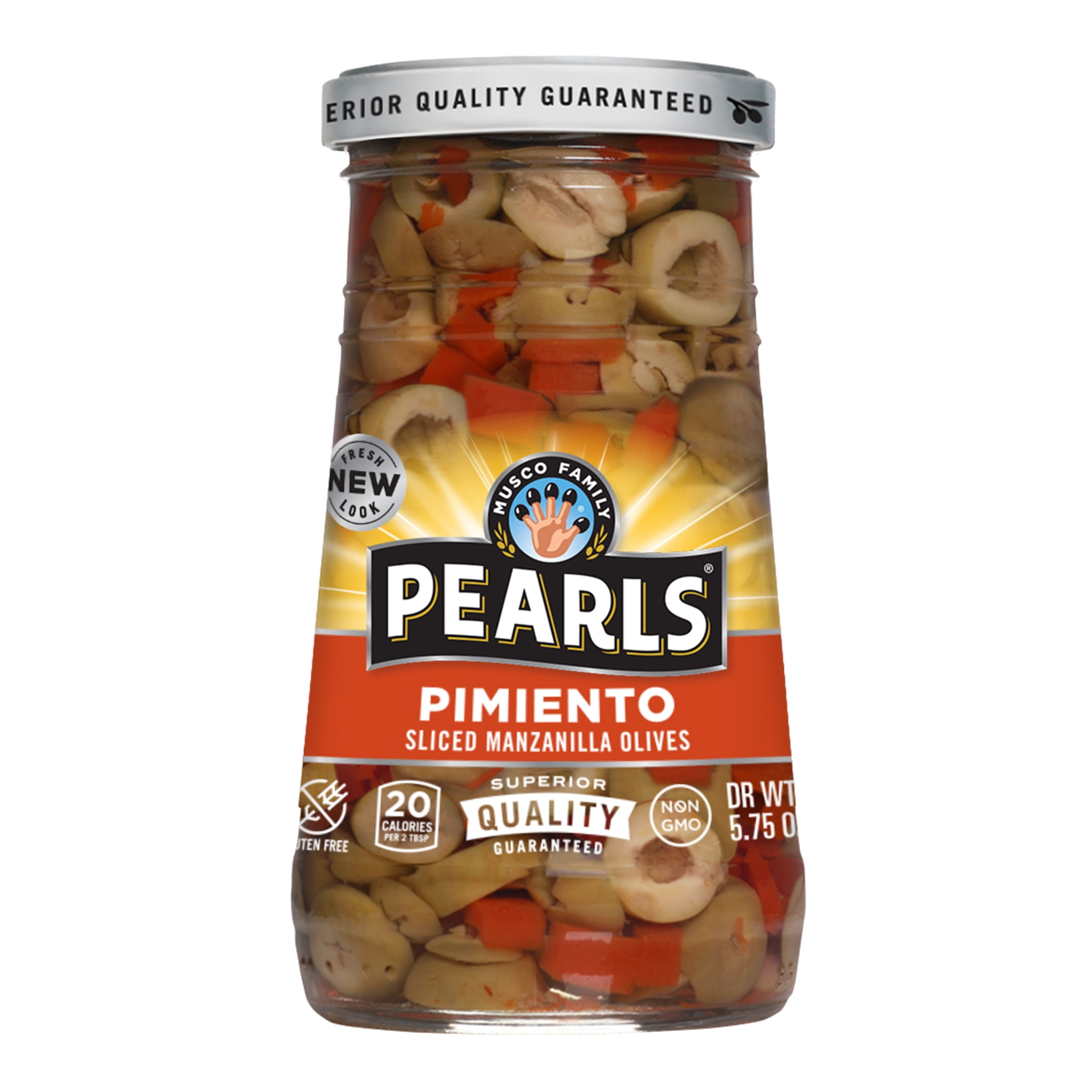 Pearls Manzanilla Olives, Pimiento Sliced, 5.75 Oz jar Kosher, NonGMO