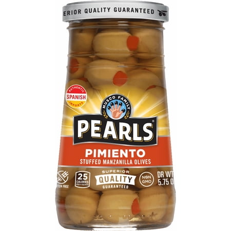 Pearls Manzanilla Olives, Pimiento Stuffed, 5.75 oz Jar. Allergens Not Contained. Gluten Free.