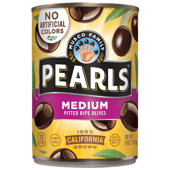 Pearls - Medium Pitted Black Ripe Olives 6 oz Can. Allergens Not Contained.