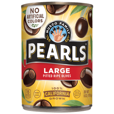 Pearls Olives, Large Black Ripe Olives 6 oz Can. Major Allergens Not Contained. Gluten Free. No Artificial Colors.