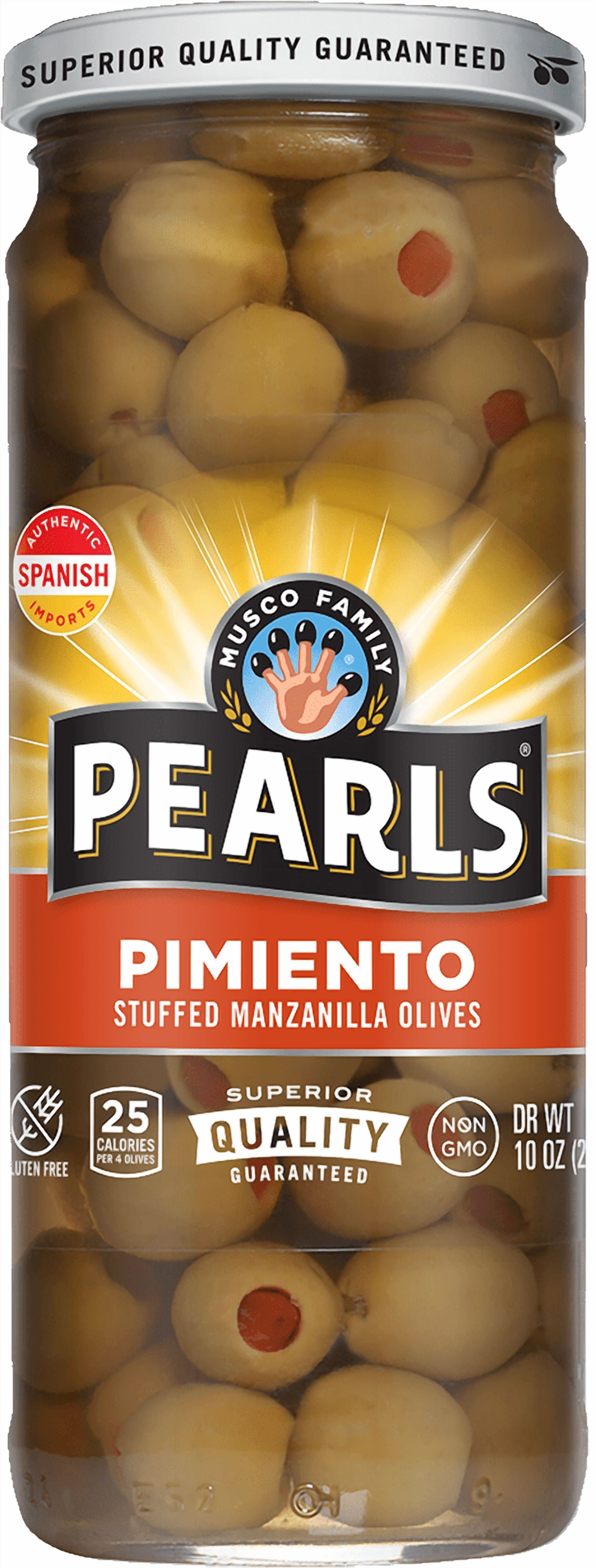 Pearls Pimiento Stuffed Manzanilla Olives, 10 oz. Jar. Major Allergens Not Contained.