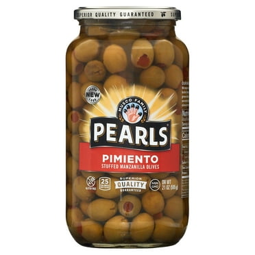 Pearls Pimiento Stuffed Manzanilla Olives, 21 oz. Jar. Allergens Not Contained.