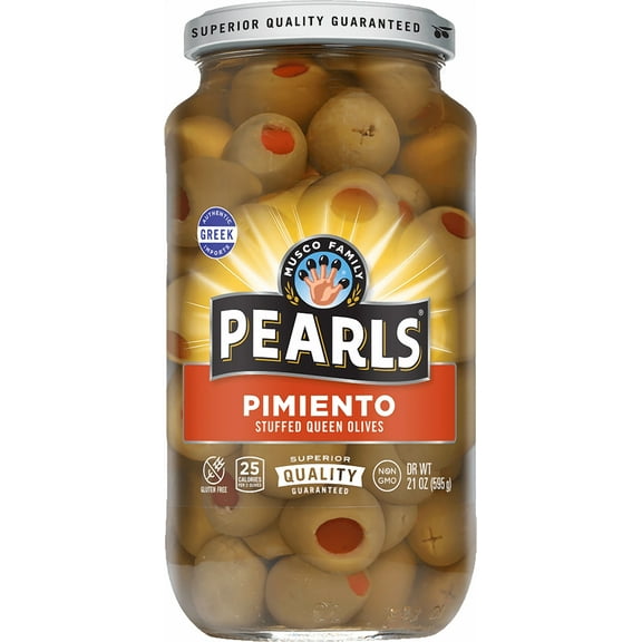 Pearls Pimiento Stuffed Manzanilla Olives, 21 oz. Jar. Allergens Not Contained.