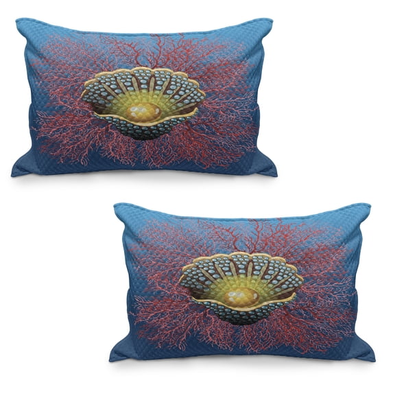 Pearls Quilted Pillowcover Set of 2, Giant Majestic Unique Pearl Mussel and Ivy Coral Deep down in the Sea Art Print, Standard Queen Size Pillow Cover Bedroom, 30" x 20", Blue Red Yellow, by Ambesonne