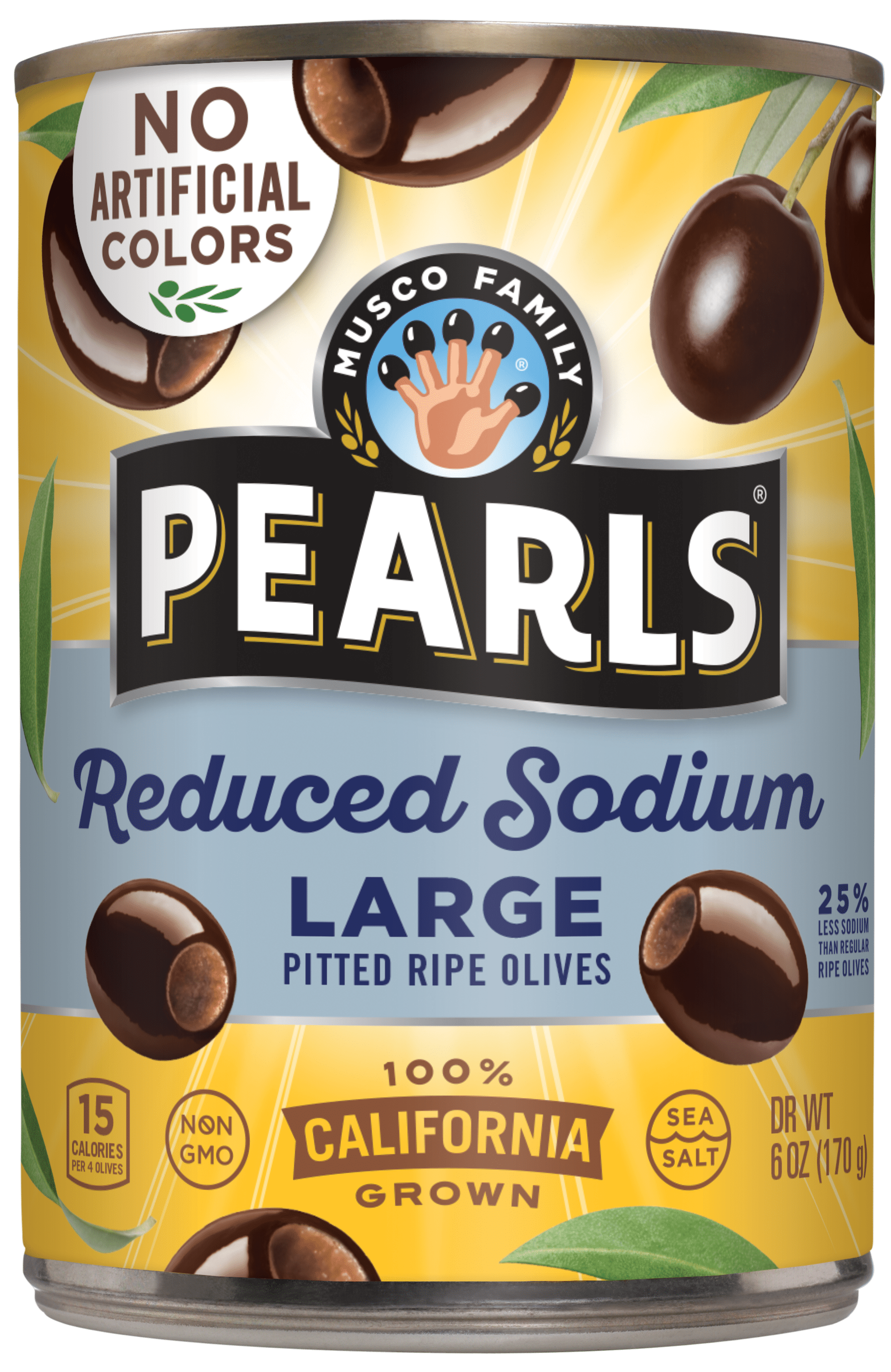Pearls Reduced Sodium Black Ripe Olives, 6 oz Can. Major Allergens Not Contained.