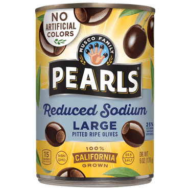 Pearls Reduced Sodium Black Ripe Olives, 6 oz Can. Major Allergens Not Contained.