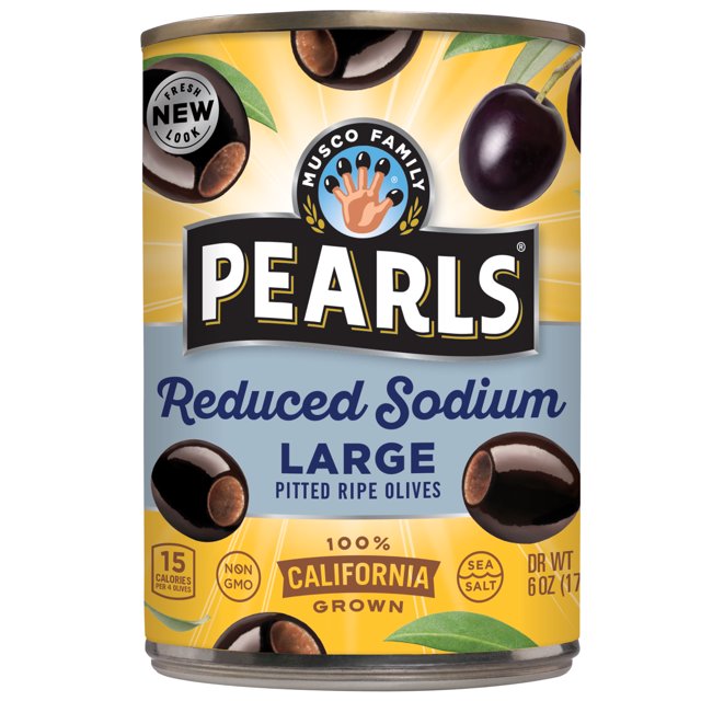 Pearls Reduced Sodium Olives, 6 oz Can. Allergens Not Contained. Gluten Free.