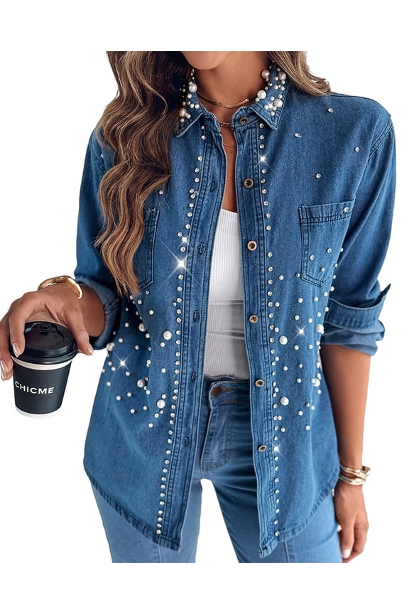 Pearls & Rhinestone Decor Turn-down Collar Button Front Denim Shirt Coat Casual Top