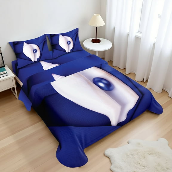 Ambesonne Exotic Fitted & Top Sheet Set with Shams, Shell with Pearl Ocean, Blue White