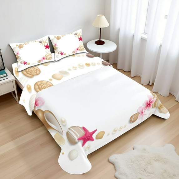 Ambesonne Exotic Fitted & Top Sheet Set with Shams, Seashells Flower Star, Beige Fuchsia