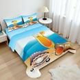 thumbnail image 1 of Pearls Sheet Set, Seashells and Glass of Juice Seascape Summer Beach Cartoon Art Print, Fitted and Flat Sheet with Pillowcases Bedding Accent 4 Piece Set, King, Blue Orange Purple, by Ambesonne, 1 of 8