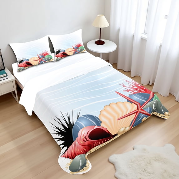 Ambesonne Ocean Fitted & Top Sheet Set with Shams, Summertime Seaside Pearl, Red Beige Grey