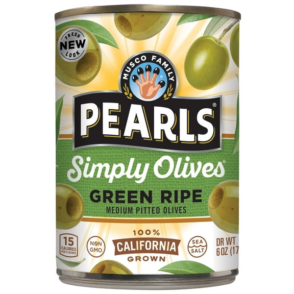 Pearls Simply Olives Simply Green Ripe Medium Pitted Olives 6 oz. Major Allergens Not Contained. Gluten Free.