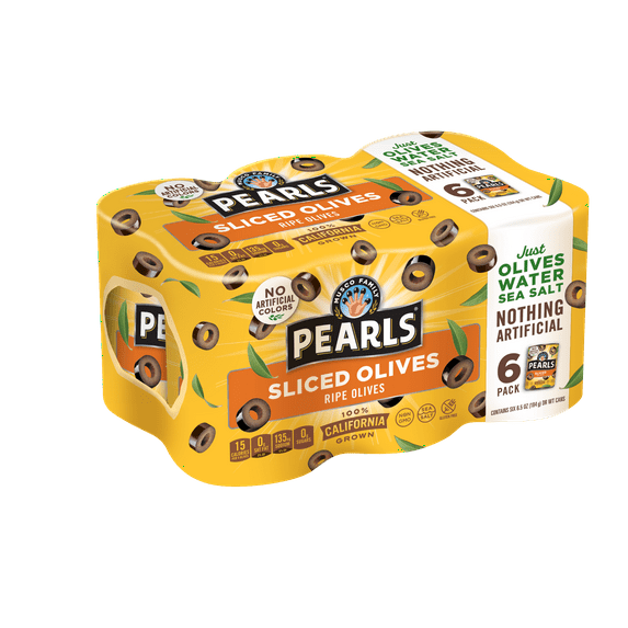 Pearls Sliced Black Ripe Olives, 6 Pack of 6.5 oz Cans, No Artificial Colors, Allergen-Free
