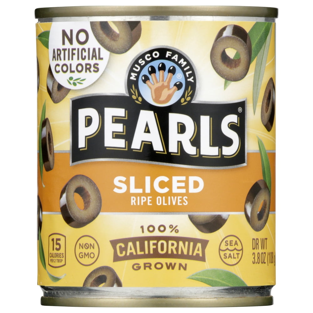 Pearls Sliced California Ripe Olives, 3.8 oz. Can. Major Allergens Not Contained. Gluten Free.