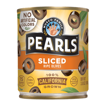 Pearls Sliced California Ripe Olives, 3.8 oz. Can. Major Allergens Not Contained. Gluten Free.