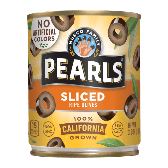 Pearls Sliced California Ripe Olives, 3.8 oz. Can. No Artificial Colors. Major Allergens Not Contained.