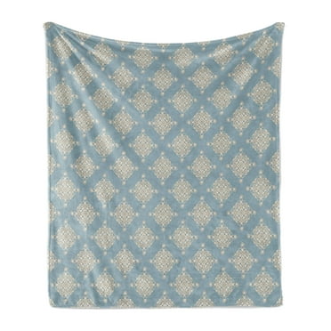 Pearls Soft Flannel Fleece Blanket, Abstract Swirled and Curved Lines Symmetrical Design Elements Vintage Royal, Cozy Plush for Indoor and Outdoor Use, 50" x 60", Pale Slate Blue Tan, by Ambesonne
