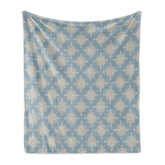 Pearls Soft Flannel Fleece Blanket, Abstract Swirled and Curved Lines Symmetrical Design Elements Vintage Royal, Cozy Plush for Indoor and Outdoor Use, 70" x 90", Pale Slate Blue Tan, by Ambesonne