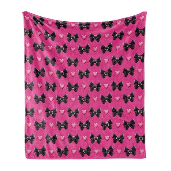 Pearls Soft Flannel Fleece Blanket, Bow Ties with Hearts Feminine Valentines Day Romantic Theme with Dotted Background, Cozy Plush for Indoor and Outdoor Use, 50" x 60", Pink Black, by Ambesonne