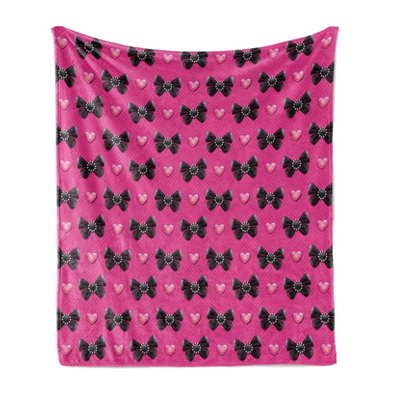Pearls Soft Flannel Fleece Blanket, Bow Ties with Hearts Feminine Valentines Day Romantic Theme with Dotted Background, Cozy Plush for Indoor and Outdoor Use, 60" x 80", Pink Black, by Ambesonne