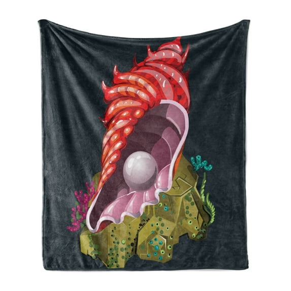 Pearls Soft Flannel Fleece Blanket, Close-up Graphic of a Shell with Pearls on an Underwater Stone Rock Inside Sea View, Cozy Plush for Indoor and Outdoor Use, 50" x 60", Multicolor, by Ambesonne