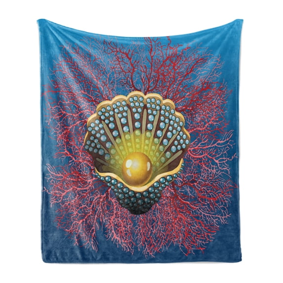 Pearls Soft Flannel Fleece Blanket, Giant Majestic Unique Pearl Mussel and Ivy Coral Deep down in the Sea Art Print, Cozy Plush for Indoor and Outdoor Use, 50" x 60", Blue Red Yellow, by Ambesonne