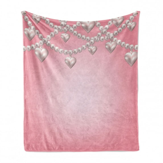 Pearls Soft Flannel Fleece Blanket, Heart Pearl Necklace Design Vintage Style Accessory Love Celebrating Artwork Print, Cozy Plush for Indoor and Outdoor Use, 50" x 60", Beige Pink, by Ambesonne