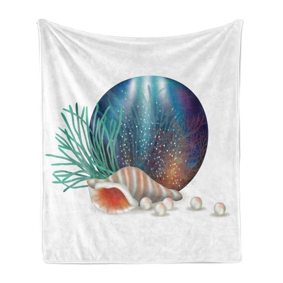 Pearls Soft Flannel Fleece Blanket, Underwater World Shelled Mollusk Corals Pearls Crystalline Form Sea Nautical Theme, Cozy Plush for Indoor and Outdoor Use, 50" x 70", Multicolor, by Ambesonne