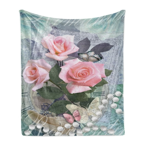 Pearls Soft Flannel Fleece Throw Blanket, Classic Rose and Pearls Romantic Dramatic Love Together Grace Bouquet Artwork, Cozy Plush for Indoor and Outdoor Use, 50" x 60", Pink Grey, by Ambesonne