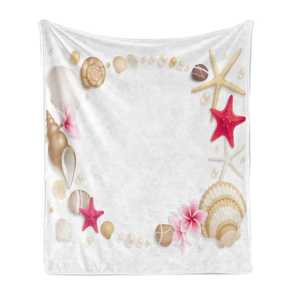Pearls Soft Flannel Fleece Throw Blanket, Frame Seashells Starfish Stones Frangipani Exotic Flower Pattern Print Art, Cozy Plush for Indoor and Outdoor Use, 60" x 80", Beige Fuchsia, by Ambesonne
