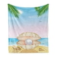 thumbnail image 1 of Pearls Soft Flannel Fleece Throw Blanket, Pearl in Big Shell on Tropic Sandy Beach Sun Rays and Trees Exotic Creature Print, Cozy Plush for Indoor and Outdoor Use, 50" x 60", Cream Blue, by Ambesonne, 1 of 5