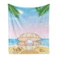 thumbnail image 1 of Pearls Soft Flannel Fleece Throw Blanket, Pearl in Big Shell on Tropic Sandy Beach Sun Rays and Trees Exotic Creature Print, Cozy Plush for Indoor and Outdoor Use, 60" x 80", Cream Blue, by Ambesonne, 1 of 5
