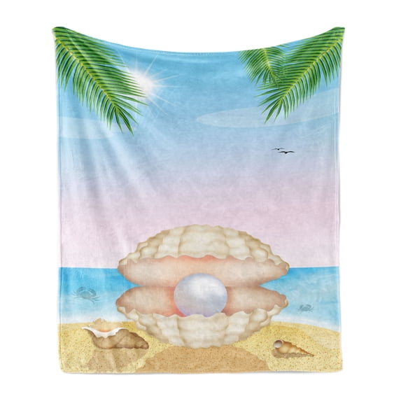 Pearls Soft Flannel Fleece Throw Blanket, Pearl in Big Shell on Tropic Sandy Beach Sun Rays and Trees Exotic Creature Print, Cozy Plush for Indoor and Outdoor Use, 70" x 90", Cream Blue, by Ambesonne