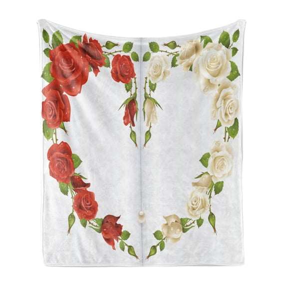 Pearls Soft Flannel Fleece Throw Blanket, Roses in the Shape of Heart Bouquet Romance Celebration Themed Artwork Print, Cozy Plush for Indoor and Outdoor Use, 50" x 60", Red White Green, by Ambesonne