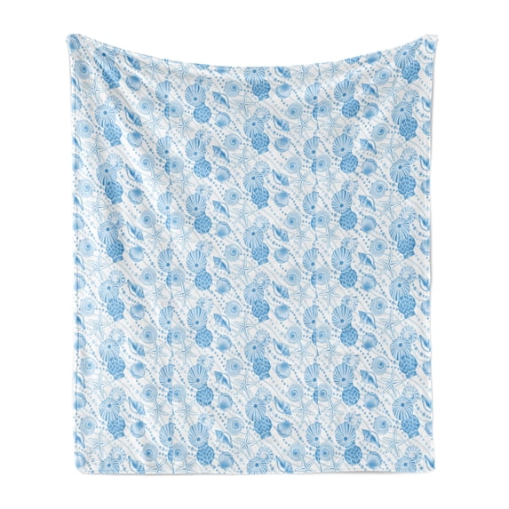 Pearls Soft Flannel Fleece Throw Blanket, Seashells Diagonal Pattern Nautical Elements Marine Inspired Animals of the Ocean, Cozy Plush for Indoor and Outdoor Use, 50" x 70", Blue White, by Ambesonne