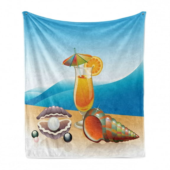 Pearls Soft Flannel Fleece Throw Blanket, Seashells and Glass of Juice Seascape Summer Beach Cartoon Art Print, Cozy Plush for Indoor and Outdoor Use, 50" x 70", Blue Orange Purple, by Ambesonne