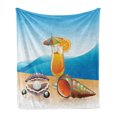 thumbnail image 1 of Pearls Soft Flannel Fleece Throw Blanket, Seashells and Glass of Juice Seascape Summer Beach Cartoon Art Print, Cozy Plush for Indoor and Outdoor Use, 60" x 80", Blue Orange Purple, by Ambesonne, 1 of 6
