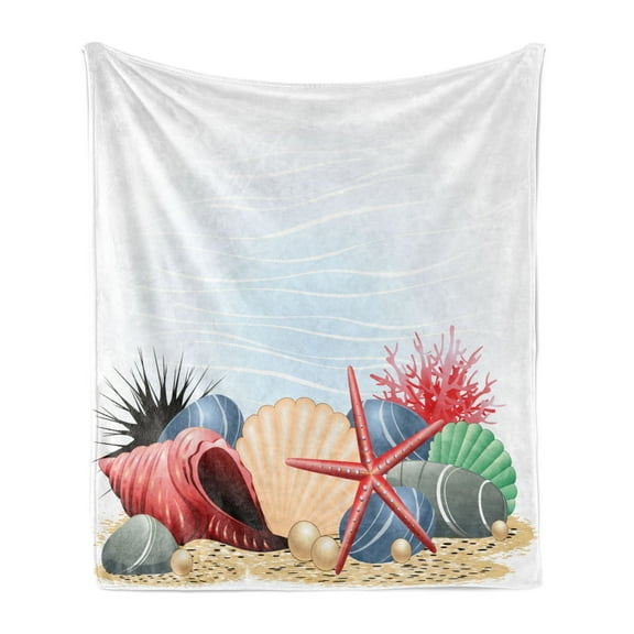 Pearls Soft Flannel Fleece Throw Blanket, Seashells Starfish and Coral Underwater Life Summertime Seaside Illustration, Cozy Plush for Indoor and Outdoor Use, 70" x 90", Red Beige Grey, by Ambesonne